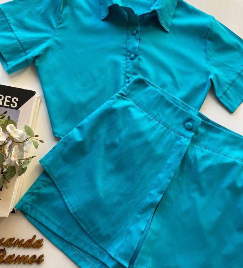 Conjunto Feminino Cropped Camisa e Short Saia Azul - Fernanda Ramos Store
