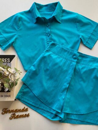Conjunto Feminino Cropped Camisa e Short Saia Azul - Fernanda Ramos Store