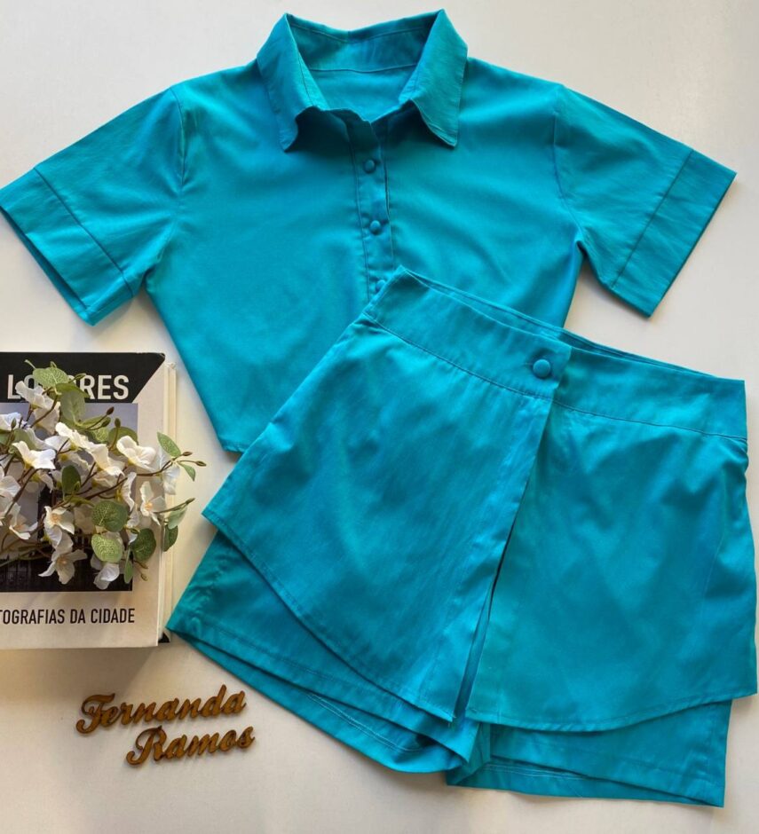 Conjunto Feminino Cropped Camisa e Short Saia Azul - Fernanda Ramos Store
