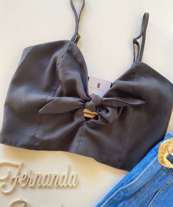 Cropped Feminino sem Bojo com Amarração Leda Preto - Fernanda Ramos Store