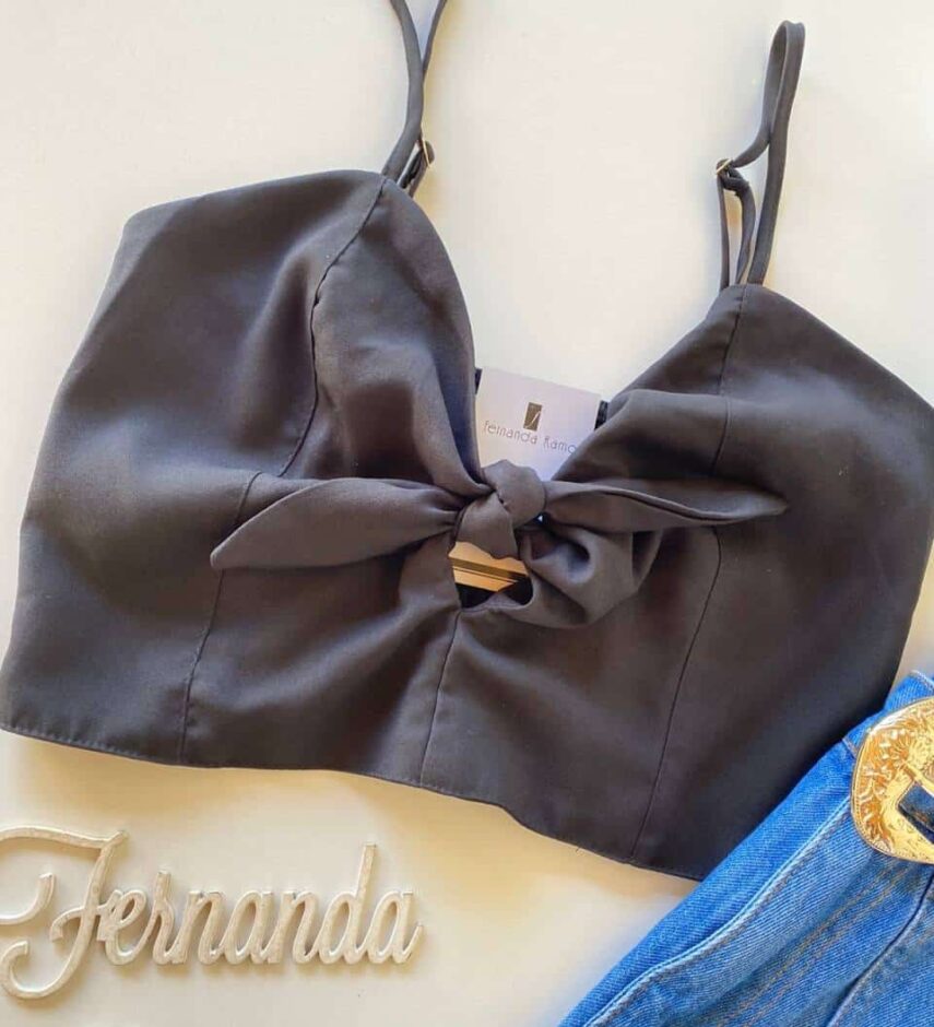 Cropped Feminino sem Bojo com Amarração Leda Preto - Fernanda Ramos Store