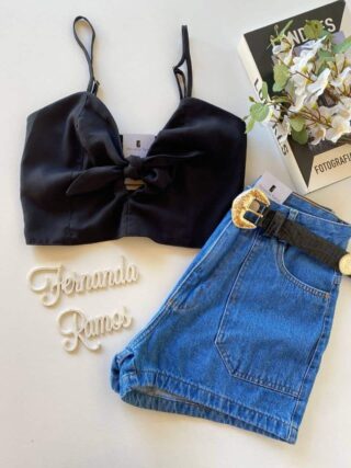 Cropped Feminino sem Bojo com Amarração Leda Preto - Fernanda Ramos Store