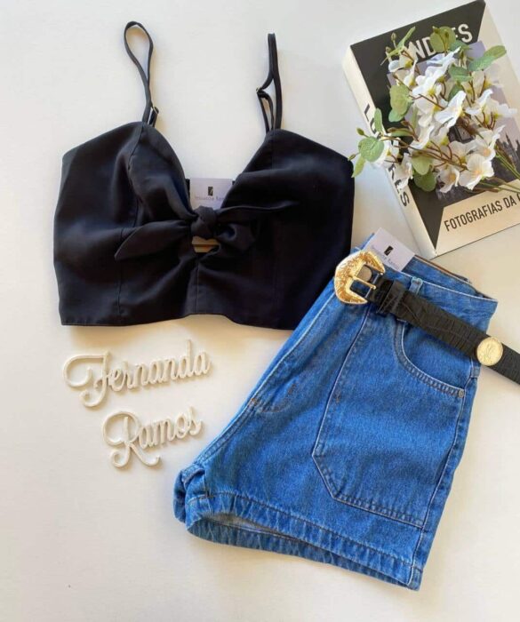 Cropped Feminino sem Bojo com Amarração Leda Preto - Fernanda Ramos Store