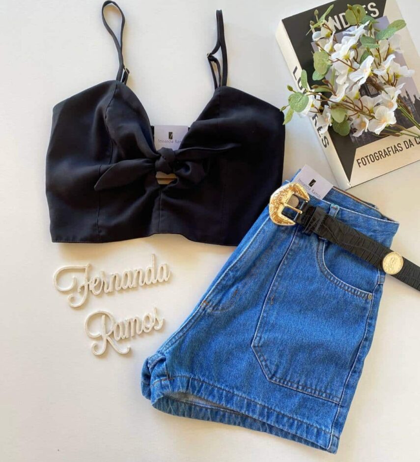 Cropped Feminino sem Bojo com Amarração Leda Preto - Fernanda Ramos Store