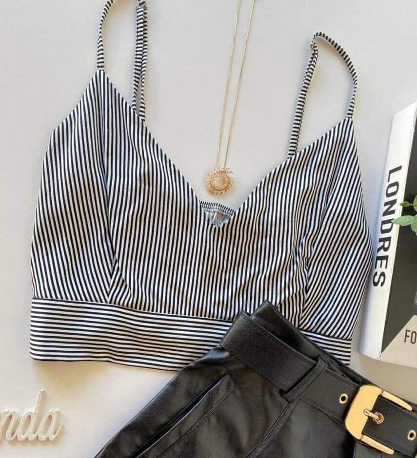 Cropped Feminino sem Bojo Helena Listrado - Fernanda Ramos Store