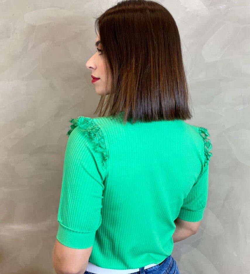 Blusa Manga Curta Canelada Feminina Detalhe em Renda - Fernanda Ramos Store