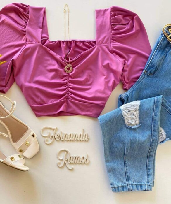 Cropped Feminino sem Bojo Manga Princesa Plus Lilás - Fernanda Ramos Store