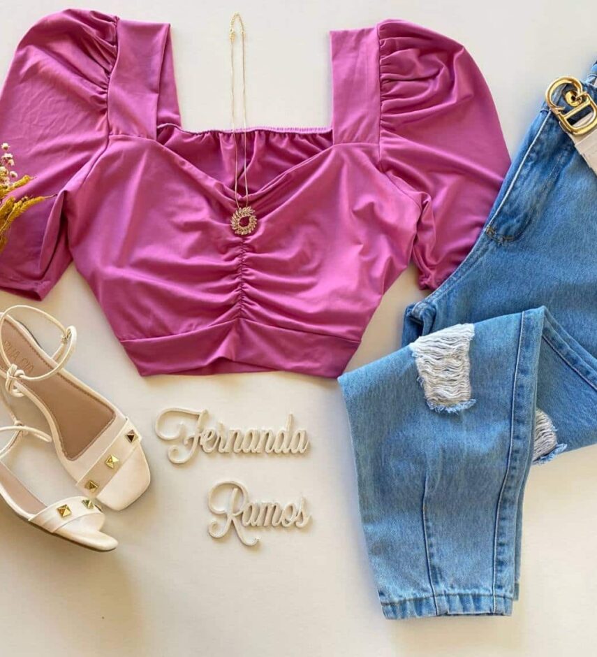 Cropped Feminino sem Bojo Manga Princesa Plus Lilás - Fernanda Ramos Store