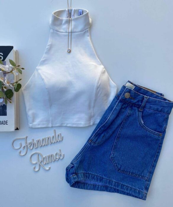 Cropped Feminino com Bojo e Zíper Poliamida Branco - Fernanda Ramos Store