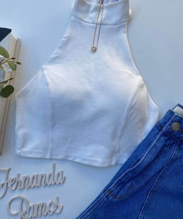 Cropped Feminino com Bojo e Zíper Poliamida Branco - Fernanda Ramos Store