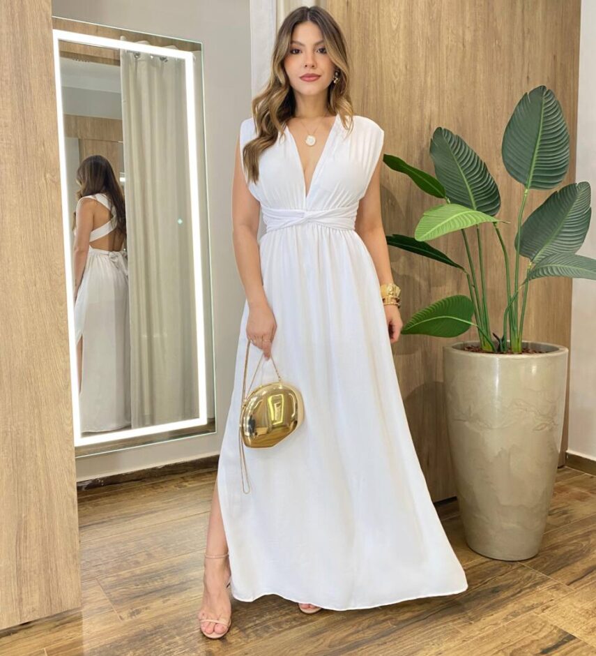 Vestido Feminino Longo com Bojo Multiformas Branco - Fernanda Ramos Store