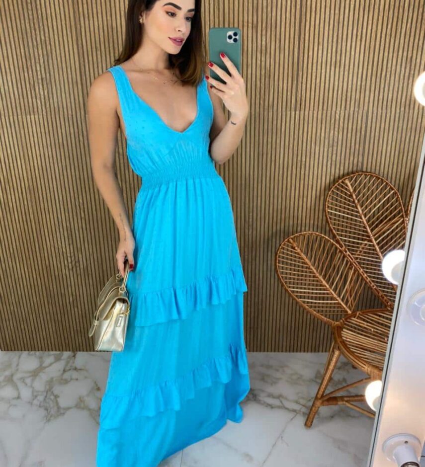 Vestido Longo com Bojo Azul - Fernanda Ramos Store