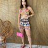 Conjunto Cropped com Bojo e Short Estampado com Amarração - Fernanda Ramos Store