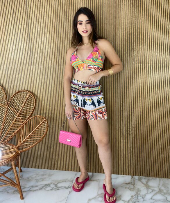 Conjunto Cropped com Bojo e Short Estampado com Amarração - Fernanda Ramos Store