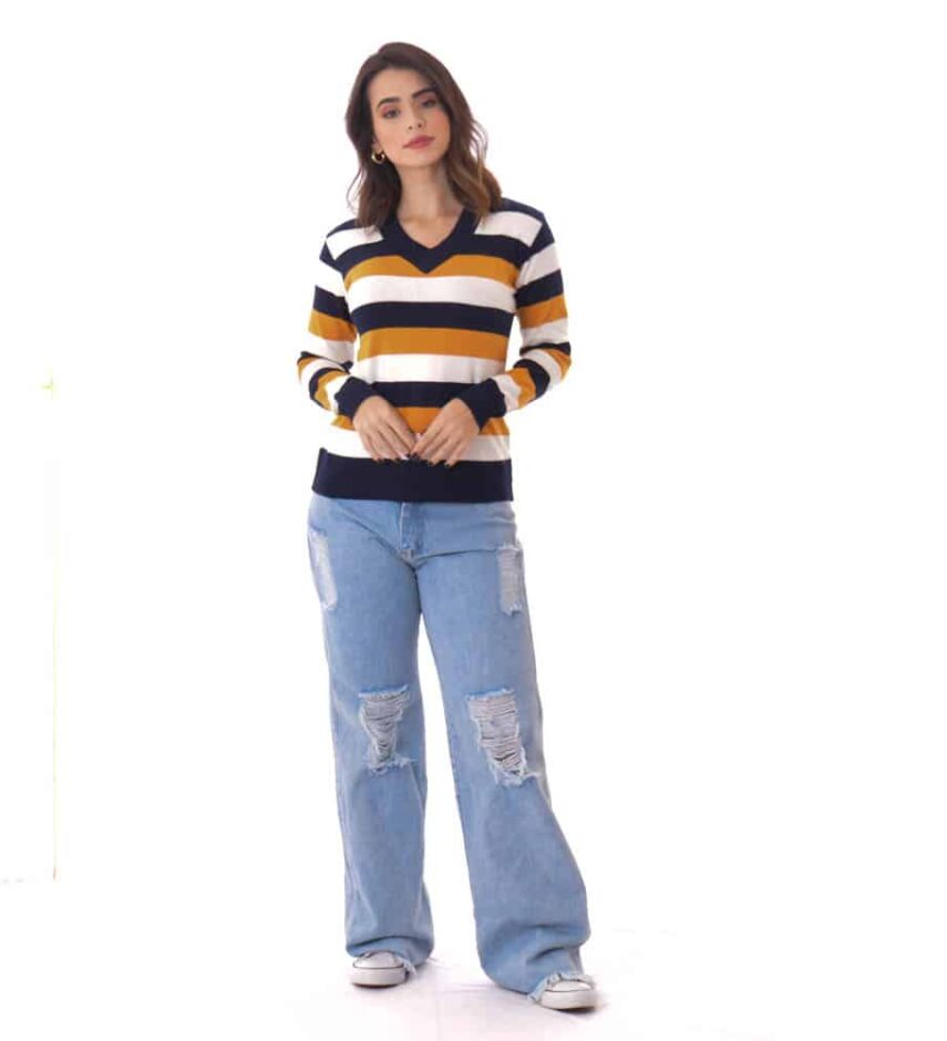 Blusa Manga Longa Feminina Tricot Listrada - Fernanda Ramos Store