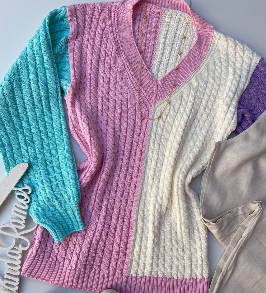 Blusa Manga Longa Feminina Tricot Estampada Gola V - Fernanda Ramos Store