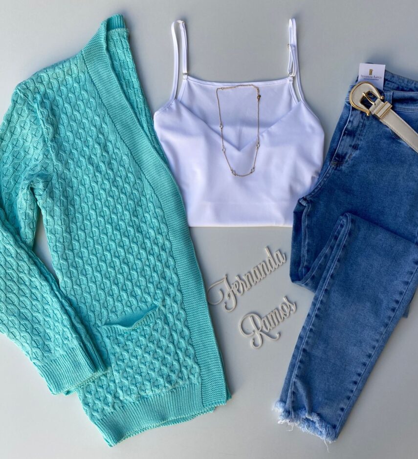 Casaco Manga Longa Feminino Tricot Verde Água - Fernanda Ramos Store