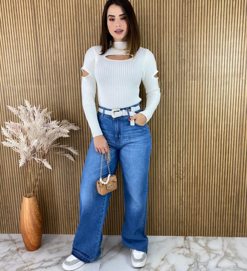 Cropped Feminino Manga Longa Tricot Branco - Fernanda Ramos Store