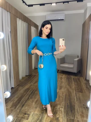 Vestido Longo de Malha Manga Longa Azul - Fernanda Ramos Store