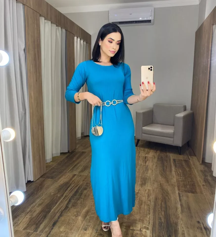 Vestido Longo de Malha Manga Longa Azul - Fernanda Ramos Store