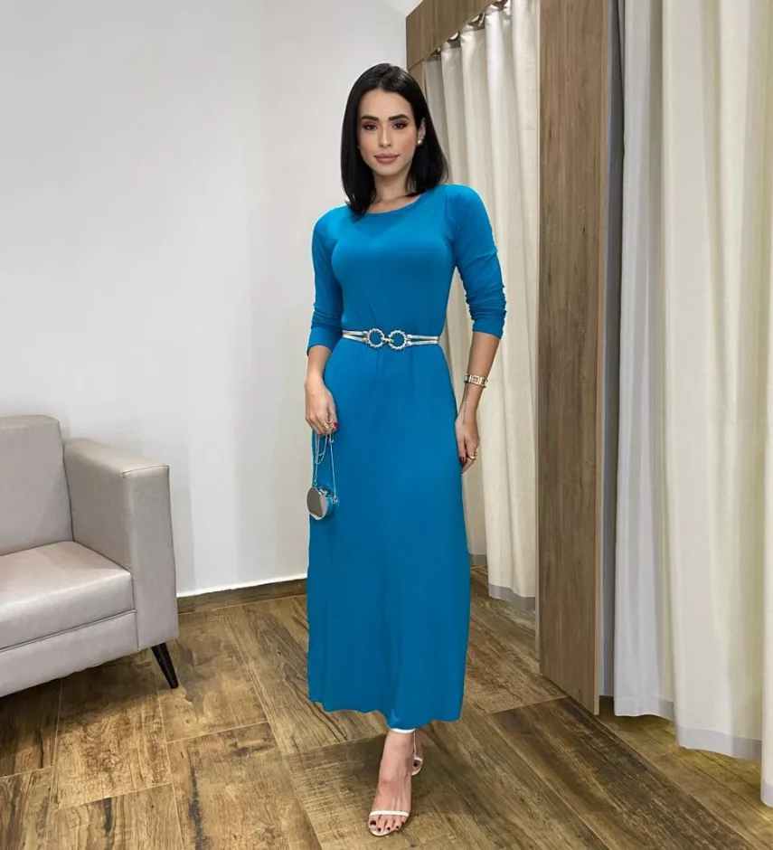 Vestido Longo de Malha Manga Longa Azul - Fernanda Ramos Store