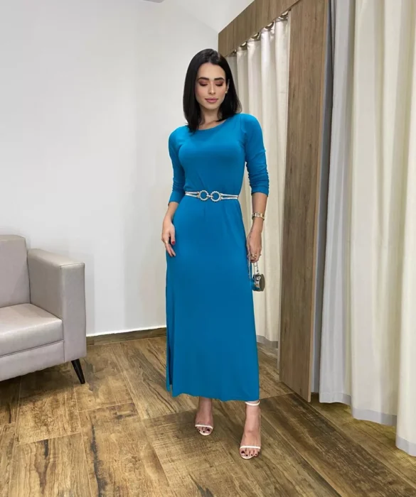 Vestido Longo de Malha Manga Longa Azul - Fernanda Ramos Store