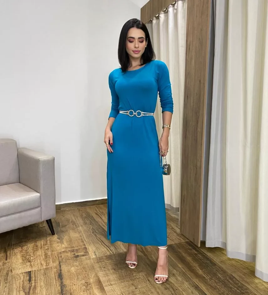 Vestido Longo de Malha Manga Longa Azul - Fernanda Ramos Store
