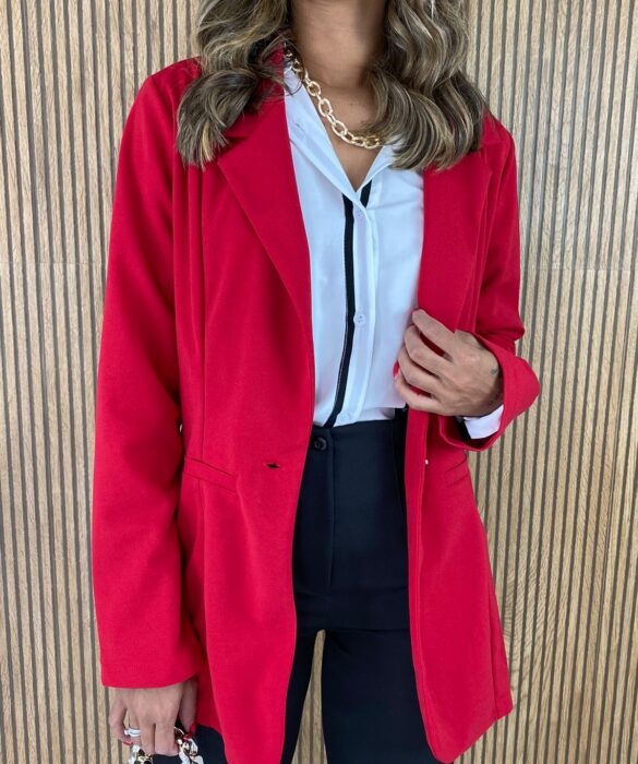 Blazer Alongado Manga Longa com Botão no Centro Vermelho - Fernanda Ramos Store