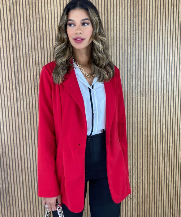 Blazer Alongado Manga Longa com Botão no Centro Vermelho - Fernanda Ramos Store