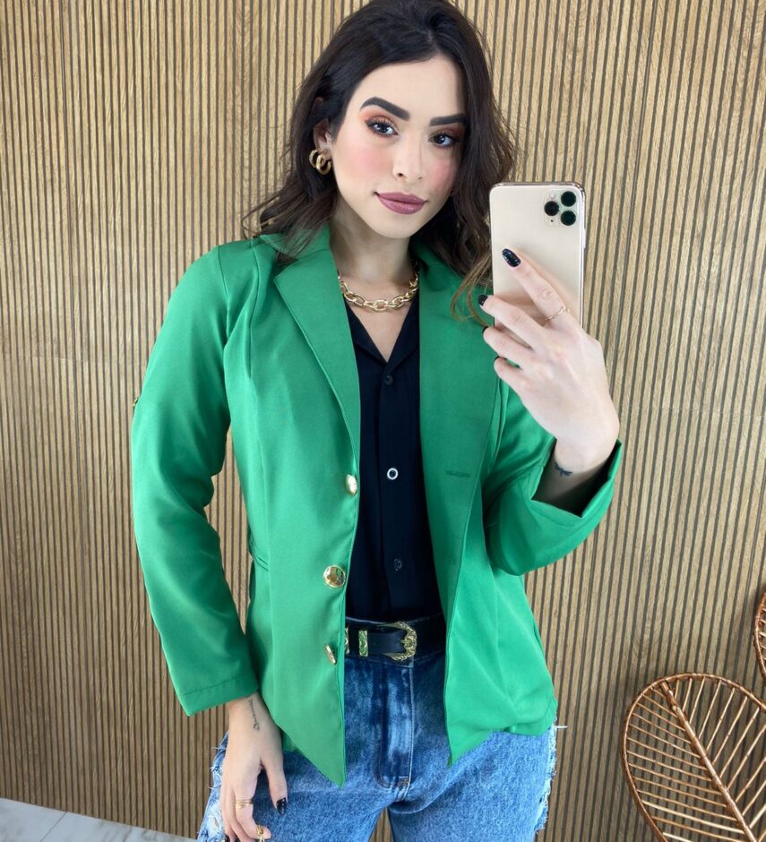 Blazer Feminino Manga Longa com Bolso Verde - Fernanda Ramos Store