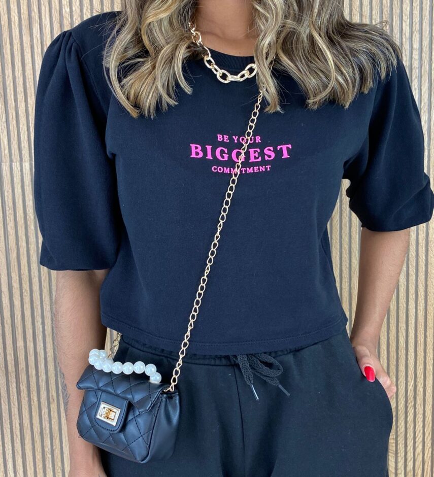 Blusa Cropped Moletinho Biggest Preto - Fernanda Ramos Store
