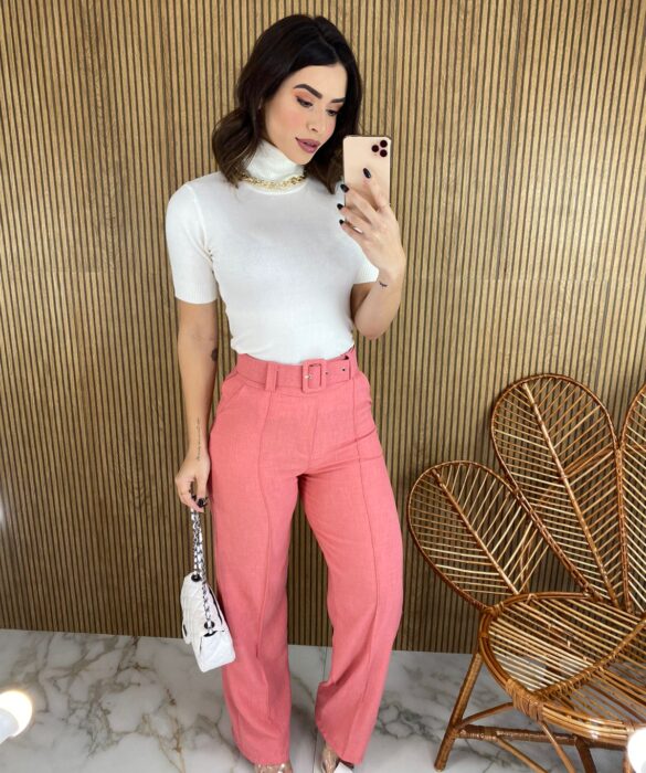 Calça Feminina com Cinto Flare Rosa - Fernanda Ramos Store