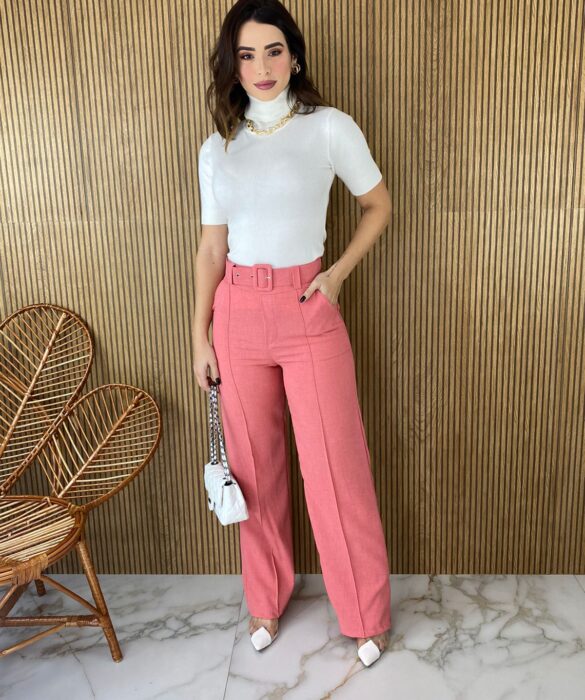 Calça Feminina com Cinto Flare Rosa - Fernanda Ramos Store