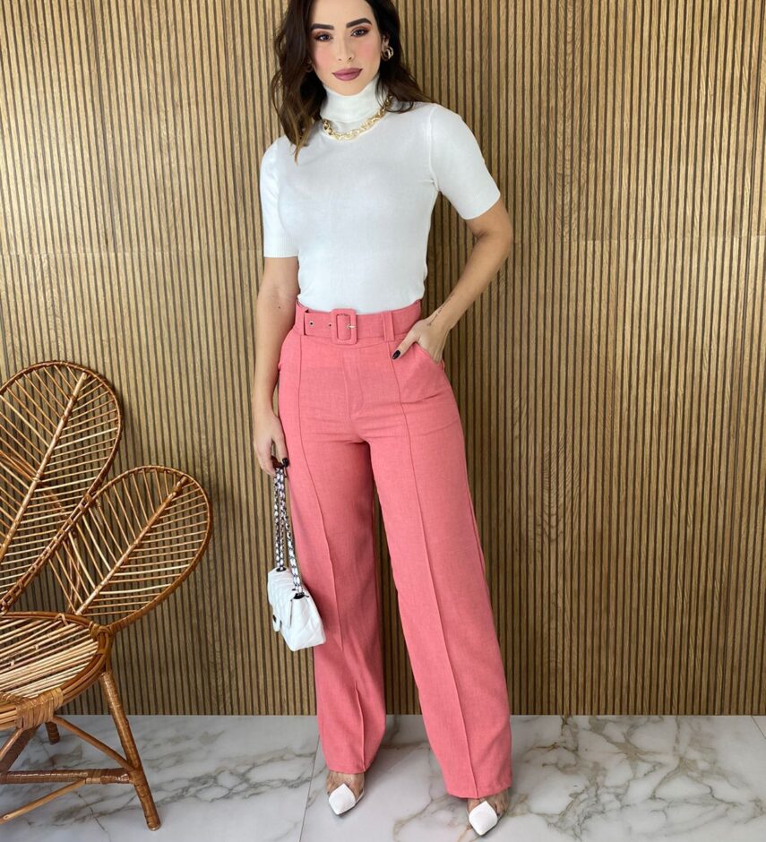 Calça Feminina com Cinto Flare Rosa - Fernanda Ramos Store