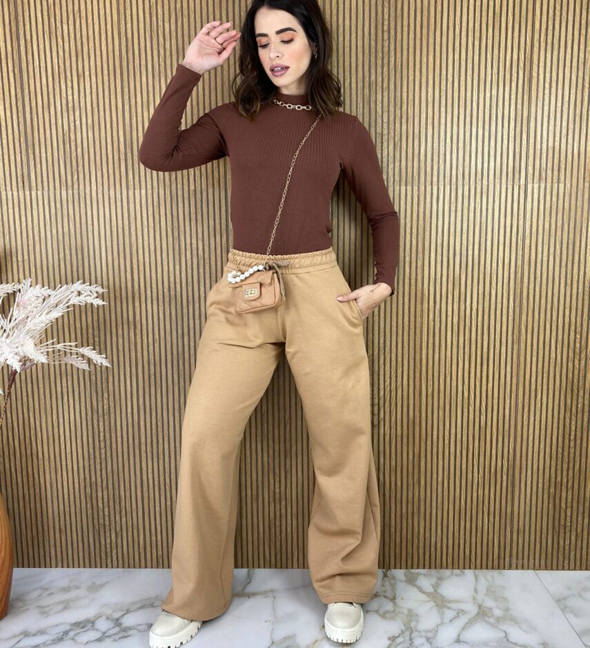 Calça Feminina Moletom com Bolso Frontal com Amarração Bege - Fernanda Ramos Store