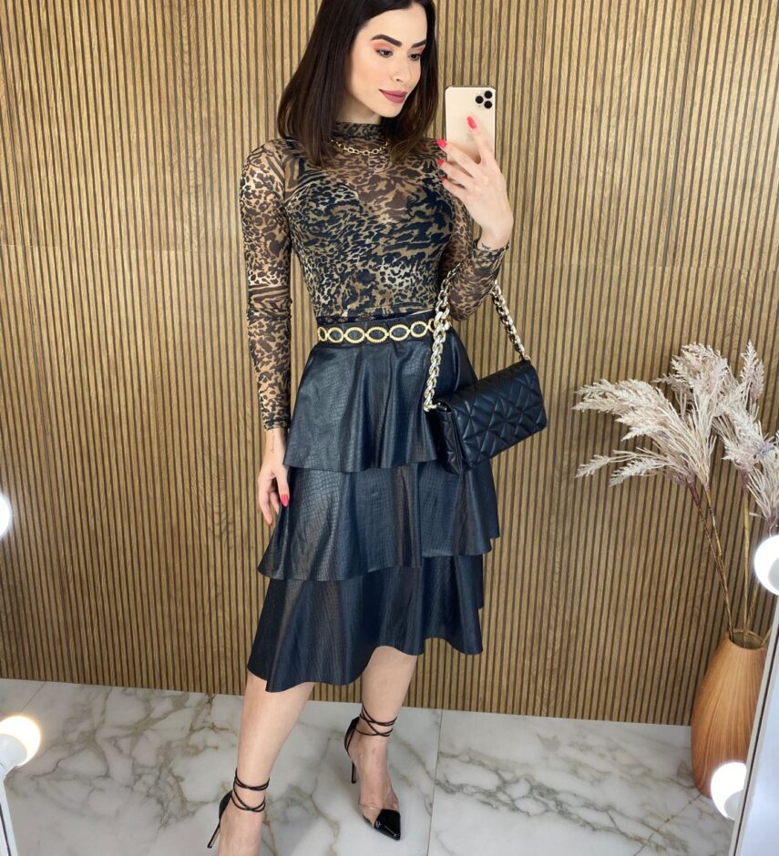 Cropped Feminino Manga Longa Tule Animal Print - Fernanda Ramos Store