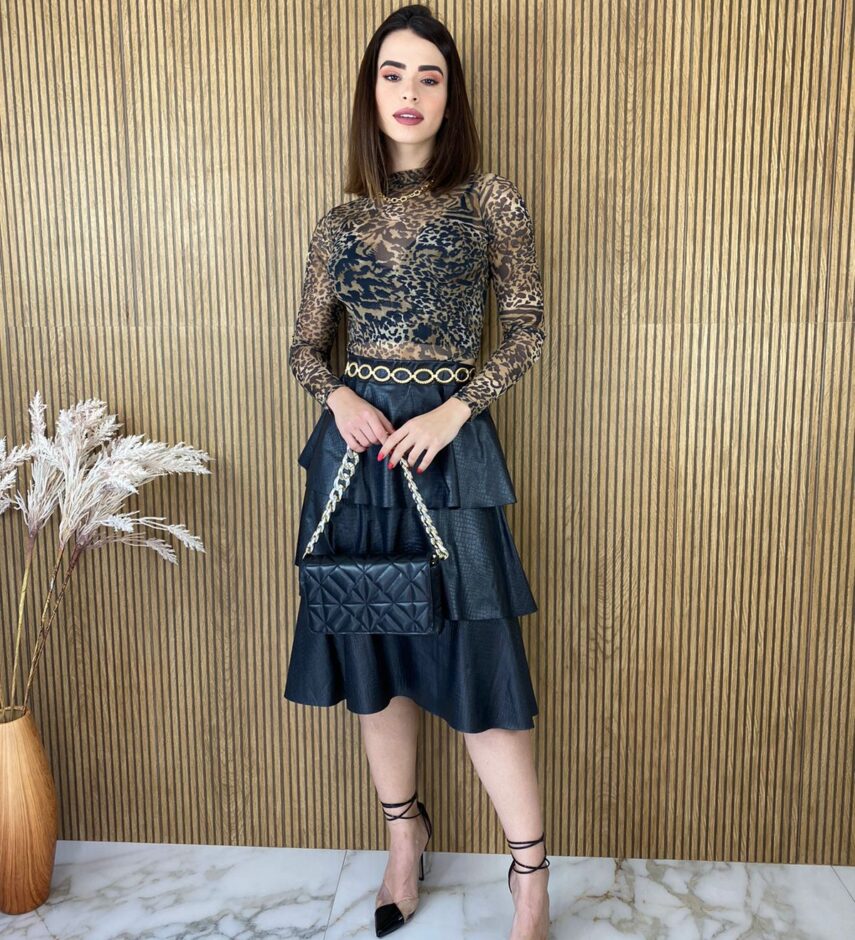 Cropped Feminino Manga Longa Tule Animal Print - Fernanda Ramos Store