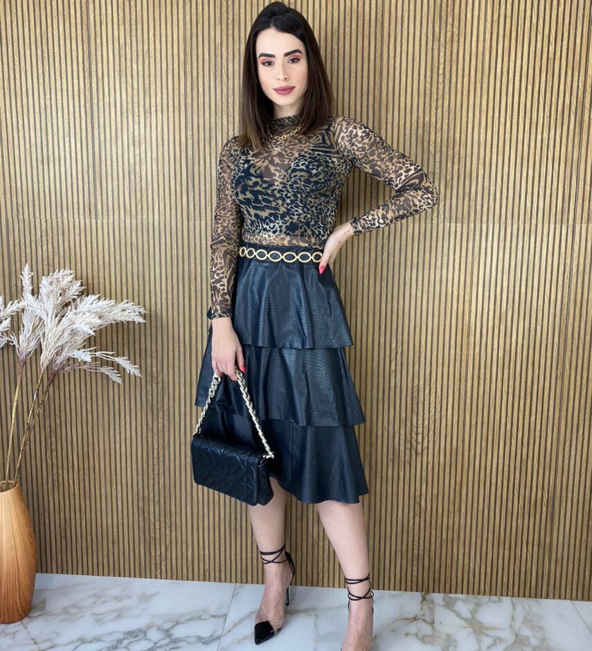 Cropped Feminino Manga Longa Tule Animal Print - Fernanda Ramos Store
