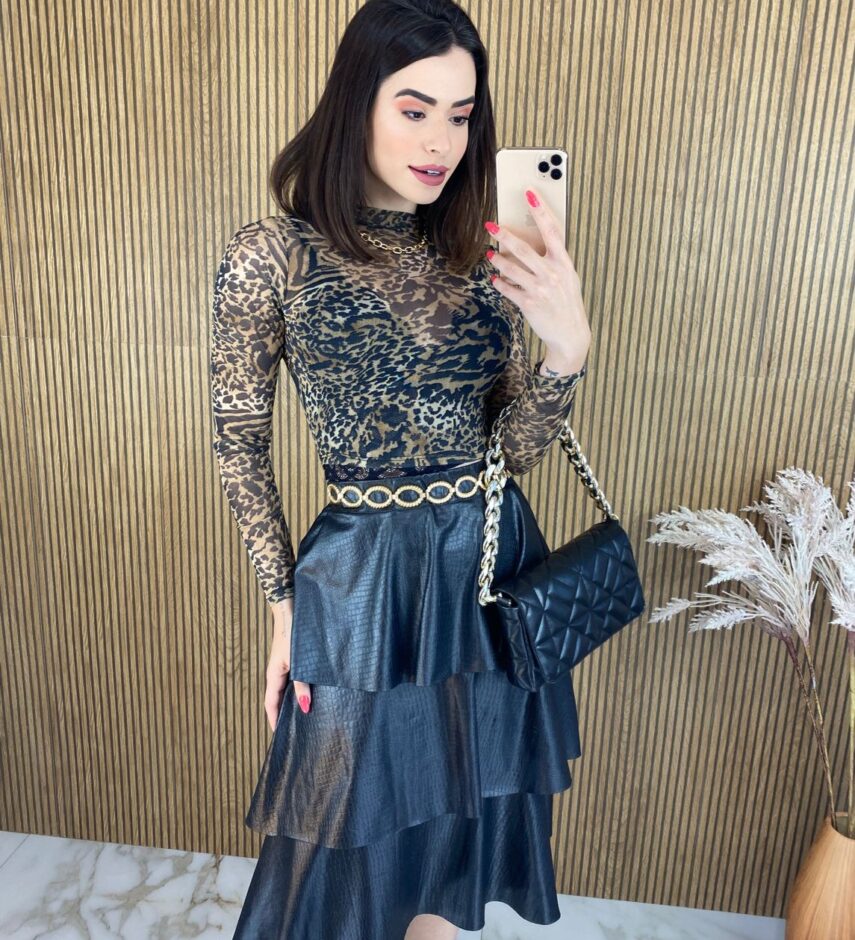 Cropped Feminino Manga Longa Tule Animal Print - Fernanda Ramos Store