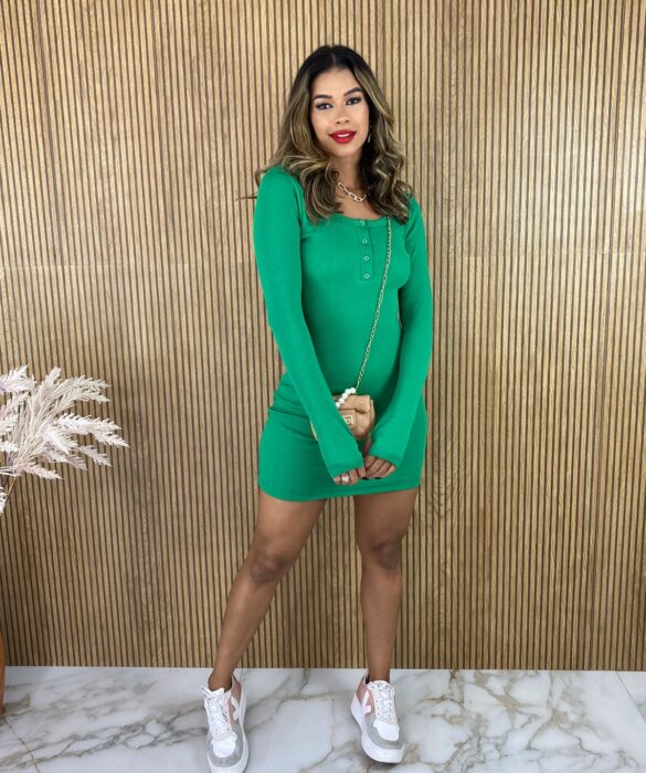 Vestido Curto Canelado sem Bojo Manga Longa Verde - Fernanda Ramos Store