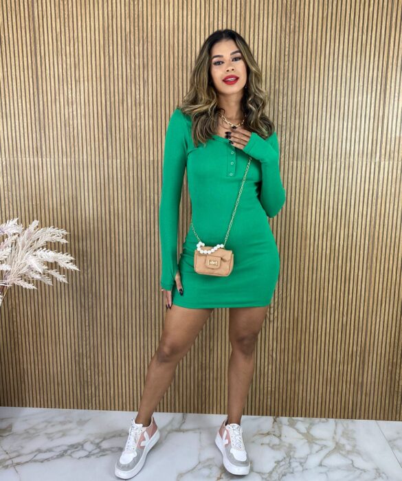 Vestido Curto Canelado sem Bojo Manga Longa Verde - Fernanda Ramos Store