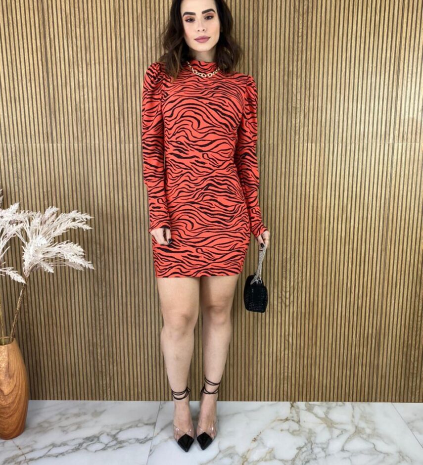 Vestido Curto com Bojo Manga Longa Zebra Laranja - Fernanda Ramos Store