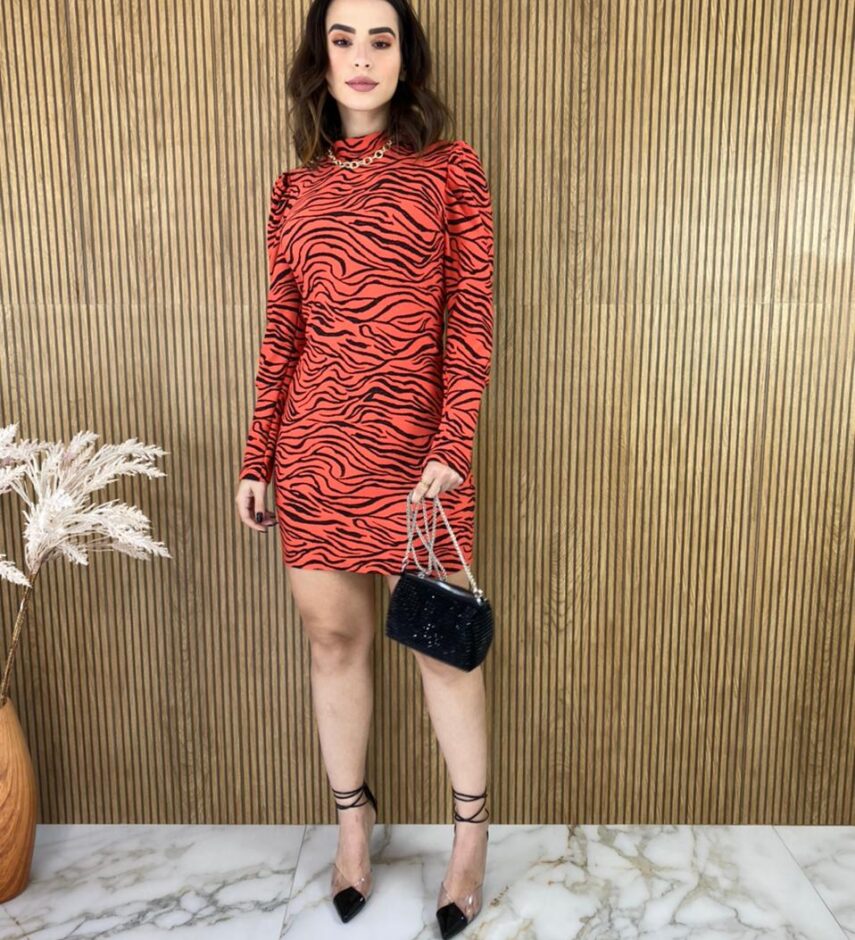 Vestido Curto com Bojo Manga Longa Zebra Laranja - Fernanda Ramos Store