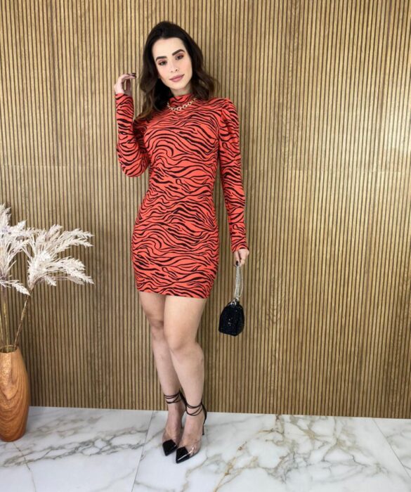 Vestido Curto com Bojo Manga Longa Zebra Laranja - Fernanda Ramos Store