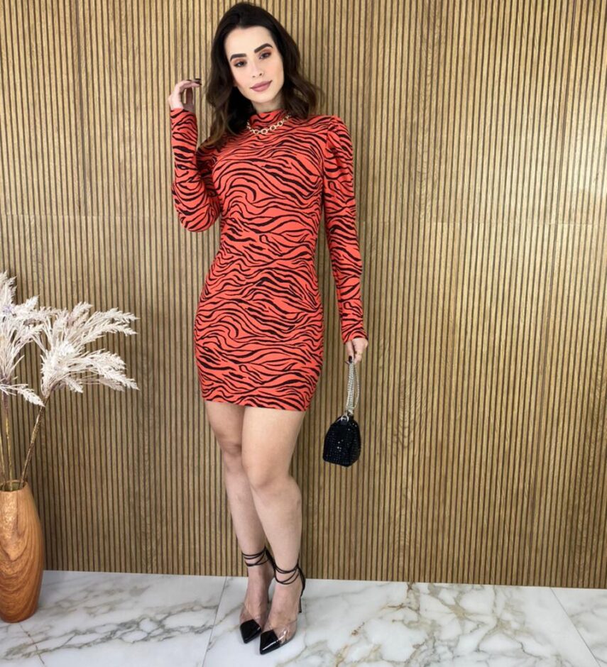 Vestido Curto com Bojo Manga Longa Zebra Laranja - Fernanda Ramos Store