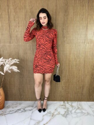 Vestido Curto com Bojo Manga Longa Zebra Laranja - Fernanda Ramos Store