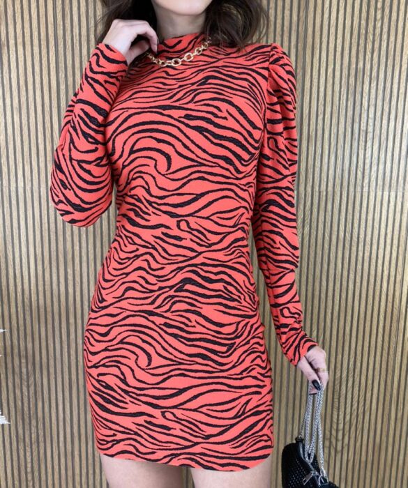 Vestido Curto com Bojo Manga Longa Zebra Laranja - Fernanda Ramos Store