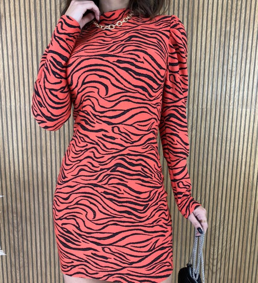 Vestido Curto com Bojo Manga Longa Zebra Laranja - Fernanda Ramos Store