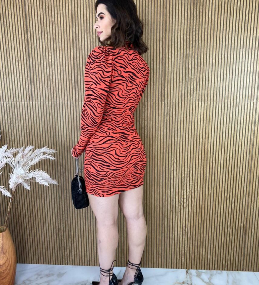Vestido Curto com Bojo Manga Longa Zebra Laranja - Fernanda Ramos Store