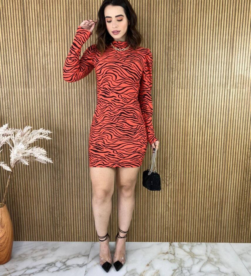 Vestido Curto com Bojo Manga Longa Zebra Laranja - Fernanda Ramos Store
